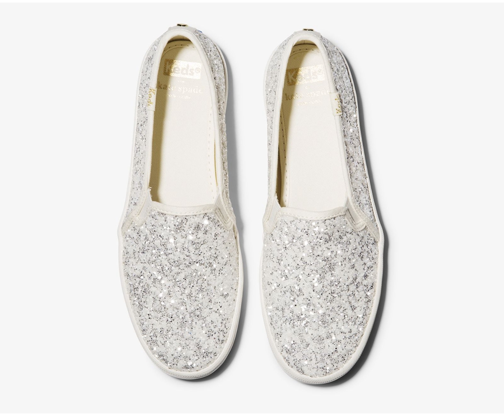 Keds Womens Slip Ons White - Kate Spade new york Double Decker Glitter - 015VGUCIT